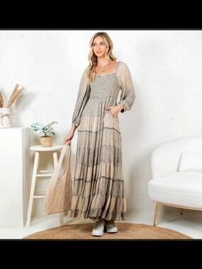 Young Threads Smocked Square-Neck  Patchwork Tiered Maxi Dress in Taupe Sz S